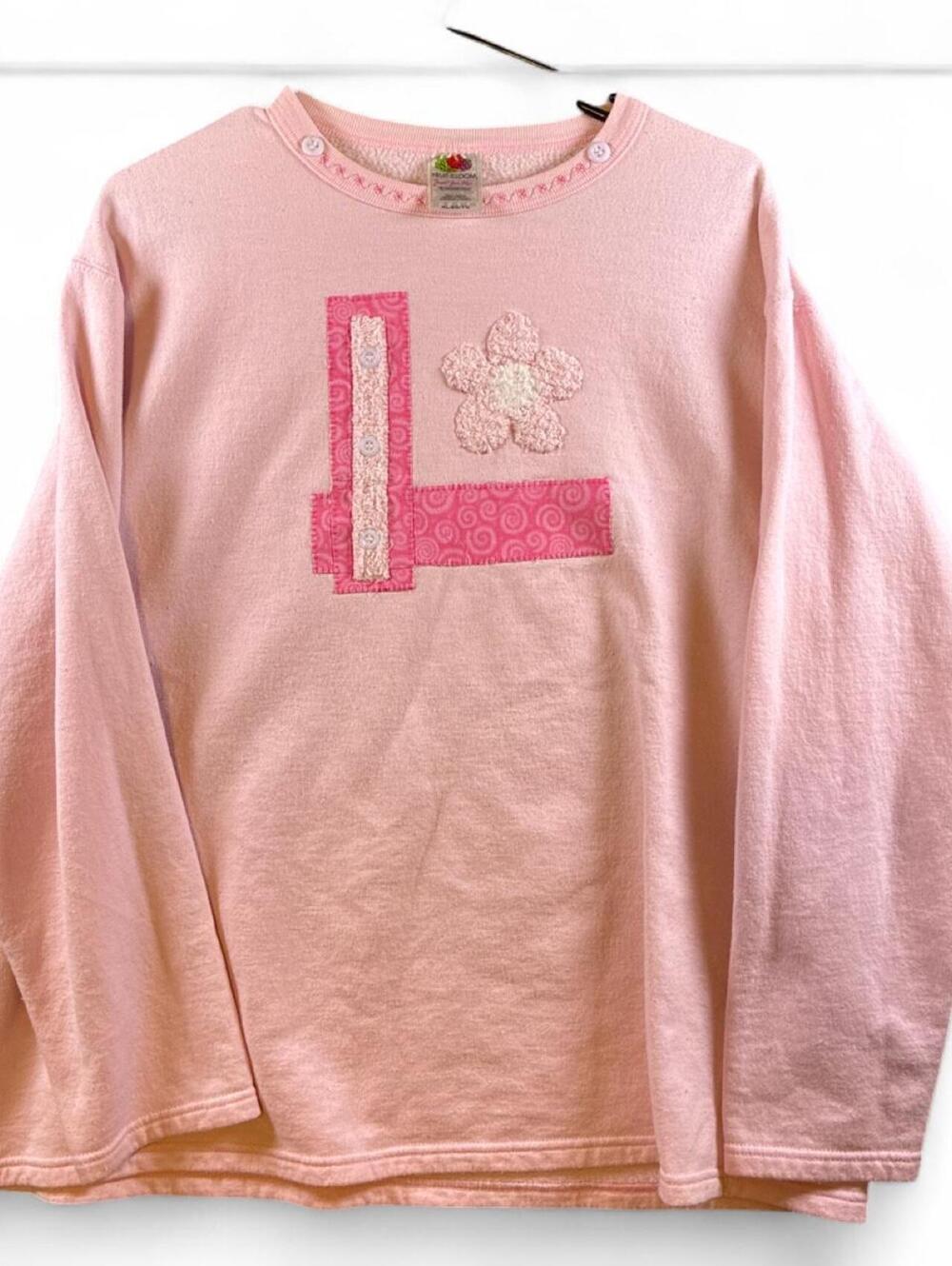 Fruit of the Loom Pink Long Sleeve Women's Sweatshirt with Number 4 and Flower #